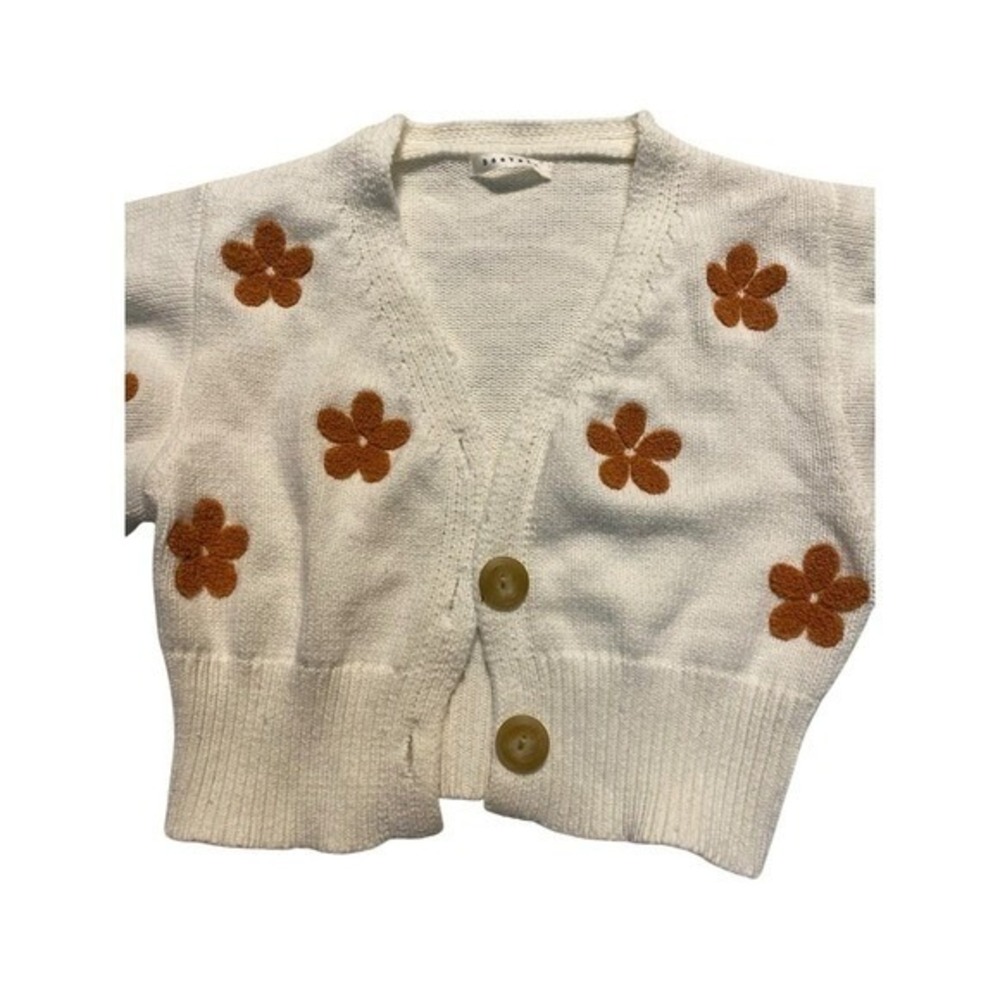 BaeVely Cream Floral Embroidered Puff Sleeve Cropped Cardigan Sweater